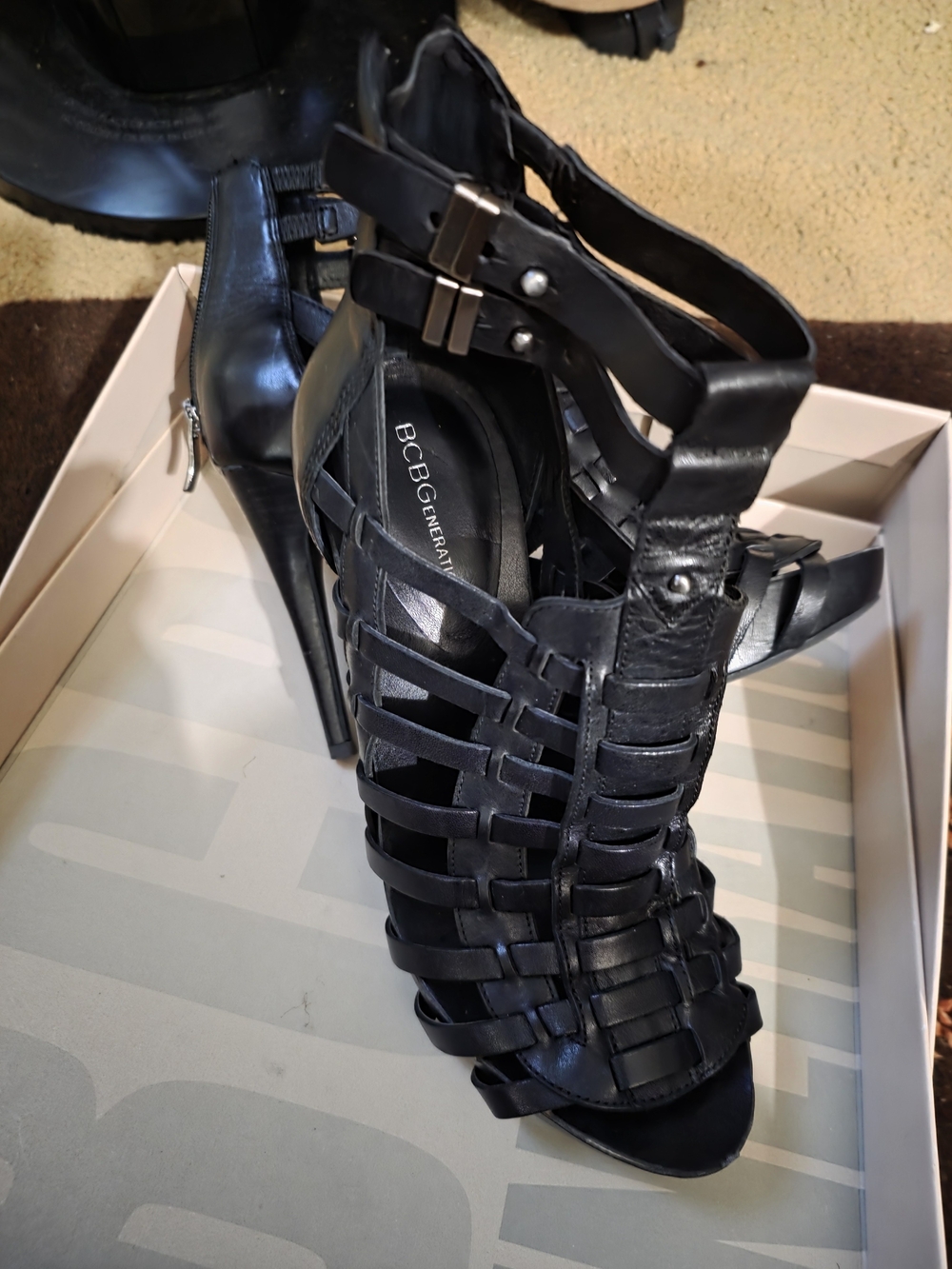 BCBGeneration Black Gladiator Strappy High Heel Sandals